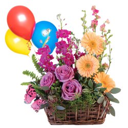 Splendid Flower bouquet with varied colorful Balloons