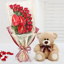 Marvelous Bouquet of Red Roses n Anthurium with Teddy
