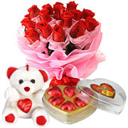 Long Lasting  Red Roses Bouquet with Teddy Bear  and Heart shape Chocolate Box  to Tuticorin