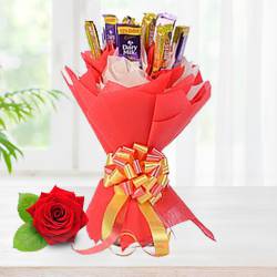 Yummy Selection of Six Cadbury Five Star N Six Cadbury Dairy Milk arranged in Bouquet with Free Single Red Rose