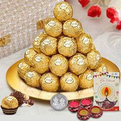 Daintily Arranged Ferrero Rocher Chocolates in a Golden Plated Thali to World-wide-diwali-chocolates.asp