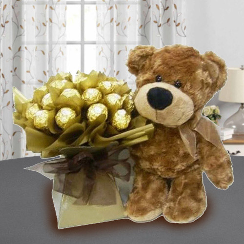 Marvelous Brown Teddy with Ferrero Rocher Chocolat... to Tirur