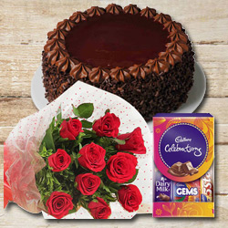 Chocolate Cake with Celebrations Pack N Red Roses to Muvattupuzha