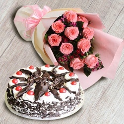 Combo of 1/2 kg Black Forest Cake with 10 Pink Roses Bouquet to Sivaganga