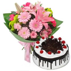Assorted Flowers Bunch N Black Forest Cake Combo to Muvattupuzha