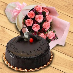Exquisite 1/2 kg Chocolate Truffle Cake & 10 Pink Roses Bouquet to Ambattur
