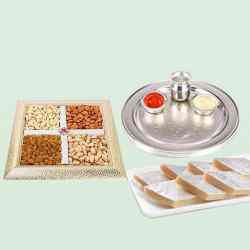 Special Silver Plated Puja Thali with Assorted Dry fruits with Haldiram Kaju Katli to Kanjikode