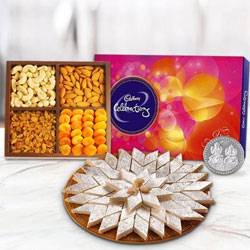 Haldiram Kaju Katli with Dry Fruits and Chocolate Combo with free silver plated coin for Diwali to Diwali-gifts-to-world-wide.asp