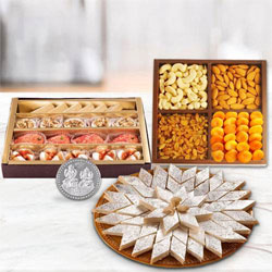 Dry Fruits with Assorted Sweets with free silver plated coin for Diwali  to Kanjikode