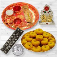 Pooja Samagri Hamper with Peda and Chocolate with free silver plated coin for Diwali.  to Mavelikara
