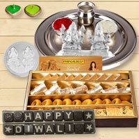 Silver Laxmi Puja Hamper with Assorted Sweets and Chocolate for Diwali to World-wide-diwali-sweets.asp