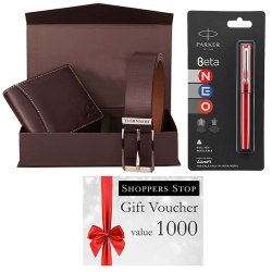 Mind Blowing Combo of Shoppers Stop Gift E Voucher worth Rs.1000, Parkar Beta Pen and Box of Wallet N Belt to Palani