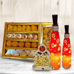 Magnificent Bottle Art Lamp Set with Antique Ganesh Laxmi Mandap n Assorted Sweets to Perumbavoor