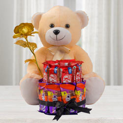 Marvelous Teddy with Golden Rose n 2 Tier Chocolate Arrangement to Kollam