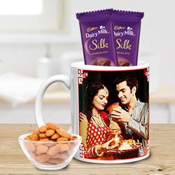 Personalized Coffee Mug with Cadbury Silk Chocolates n Almonds to Punalur