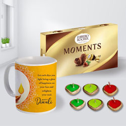 Attractive Personalized Diwali Message Mug, Ferrero Rocher Chocolates n Free Diya to Marmagao