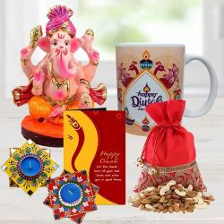 Auspicious Ganesh Laxmi Idol with Personalized Coffee Mug, Dry Fruits, Handmade Diya Set n Free Diwali Greetings Card to Irinjalakuda