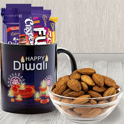 Special Personalized Diwali Greetings Coffee Mug with Assorted Cadbury Chocolates n Almonds to Irinjalakuda