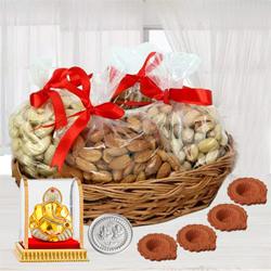 Tasteful Basket of Premium Dry Fruits for Diwali with Ganesh Idol, 4 Diya n Free Coin to Sivaganga