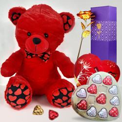 Charming Proposal Gift of Teddy with Heart Shape Chocolates n Golden Rose to Lakshadweep