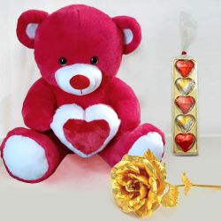 Appealing Gift of Teddy with Chocolate n Golden Rose for Fiancee to Alappuzha