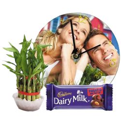 Remarkable Personalized Photo Wall Clock with Lucky Bamboo Plant n Chocolate to Alwaye