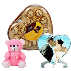 Marvelous Personalized Heart Crystal with Sapphire Chocolate N Cute Teddy to Cooch Behar