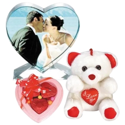 Marvelous Personalized Heart Crystal with Heart Chocolates n Cute Teddy to Cooch Behar