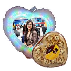 Impressive Personalized LED Heart Fur Cushion with Sapphire Chocolates to Tirur