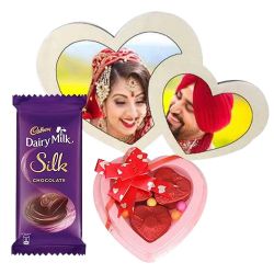 Amazing Personalised Double Heart MD Frame n Chocolates to Irinjalakuda