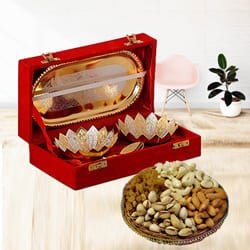 Designer Silver Bowl Gift Set with Crunchy Dry Fruits to Perumbavoor