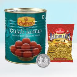 Tasty Haldiram Gulab Jamun n Bhujiya with Ganesh Laxmi Coin to Irinjalakuda