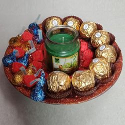 Sensational Chocolates, Aroma Candles Tray with Decorative Flowers to India
