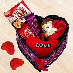 Lovely Assorted Chocolates n Cushion with Teddy n Art Roses with Love Card to India