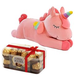 Happiness Combo of Unicorn Soft Toy N Ferrero Rocher Chocolate to Sivaganga
