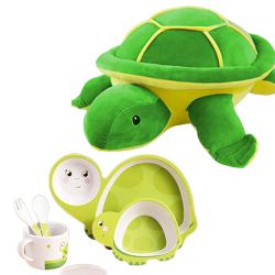 Exciting Twin Combo of Turtle Soft Toy N Bamboo Dinner Set to Ambattur