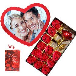 Splendid Personalize Puzzle with Artificial Roses N Musical Greetings Card Combo to Alappuzha