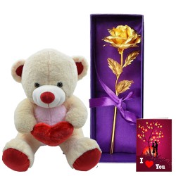 Attractive Trio of Soft Teddy with Artificial Golden Rose N Love You Card to Lakshadweep
