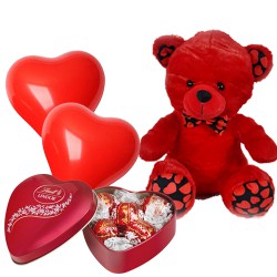 Remarkable Pair of Red Teddy with Lindt Lindor N Red Heart Shape Balloons to Rourkela