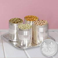 Dry Fruits in Silver Glass and Tray with Free Silver Plated Laxmi Ganesh Coin to Hariyana