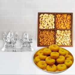 Sacred Gift of Silver Plated Ganesh Lakshmi with Sweets and Dry Fruits to Taran Taaran