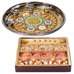 Exquisite Subh Labh Stainless Steel Thali with Haldirams Sweets to Palai