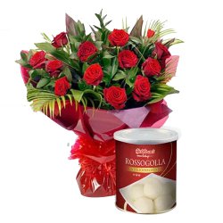 12 fresh Red Roses with 1 Kg Haldiram Rasgulla to Karunagapally