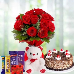 Teddy with Black Forest Cake, Mixed Chocos N Dutch Roses to Viluppuram