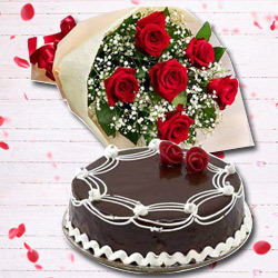 Generous Present of 6 Red Rose and 1 Lb Chocolate Cake to Muvattupuzha