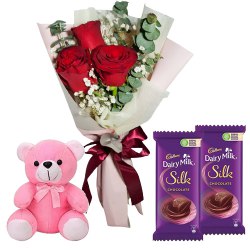 Beveled Small Teddy, Roses and Dairy Milk Silk Chocolate Bars to Sivaganga