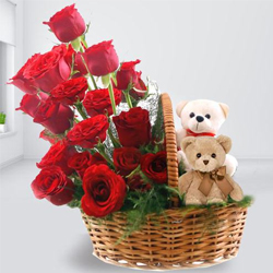 Beautiful Arrangement of Red Roses with Twin Teddy to Cooch Behar