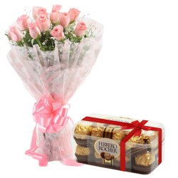 Mesmerizing Pink Roses and Tasty Ferrero Rocher Chocolates Combo to Palani