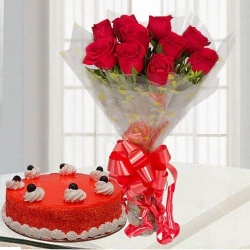 Pink Rose Bouquet with Delicious Red Velvet Cake to Muvattupuzha