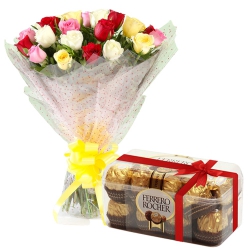 B Day Special Fresh Cut Mixed Roses with Ferrero Rocher Chocolate to Karunagapally